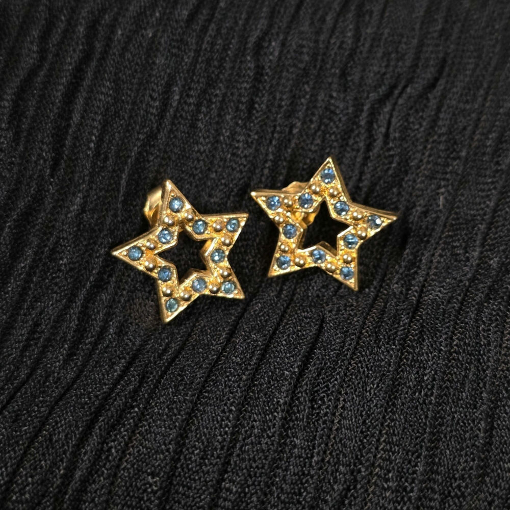 Vintage Avon Sparkle Star Earrings Blue Rhinestone Gold Tone Studs 90s - Picture 1 of 4